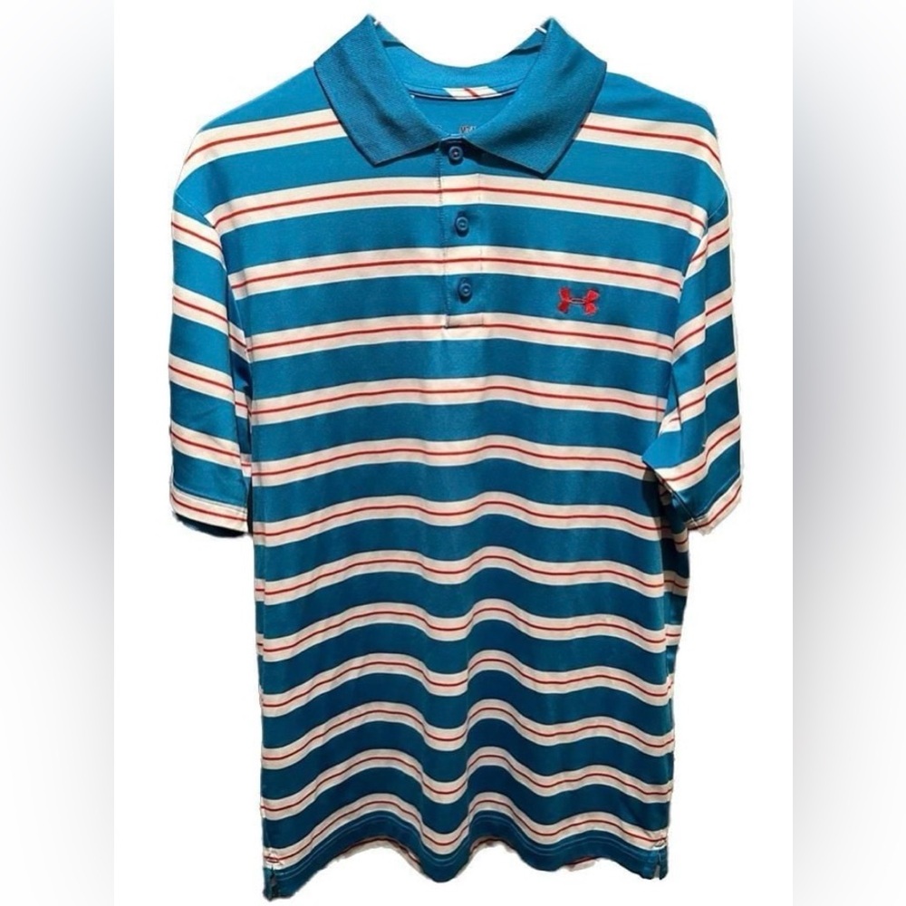 Under Armour Men's Blue and White Polo with Red Accents